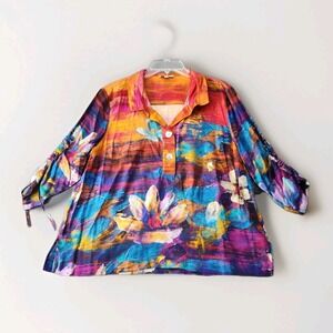 John Mark Womens Sz PL Colorful Floral Tunic Top Boho Art To Wear Watercolor NWT